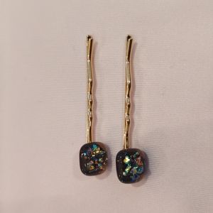 Fused glass black and gold barrettes with dicrotic glass sparkle!